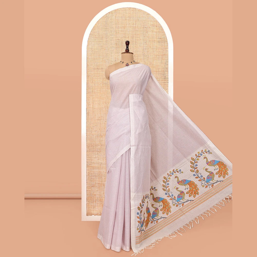 Pothys Borderless Pale Pink Jute Cotton Saree, Sparsely Woven with Stripes, a Self-Pallu Depicts Peacock Designs, and a Matching Blouse