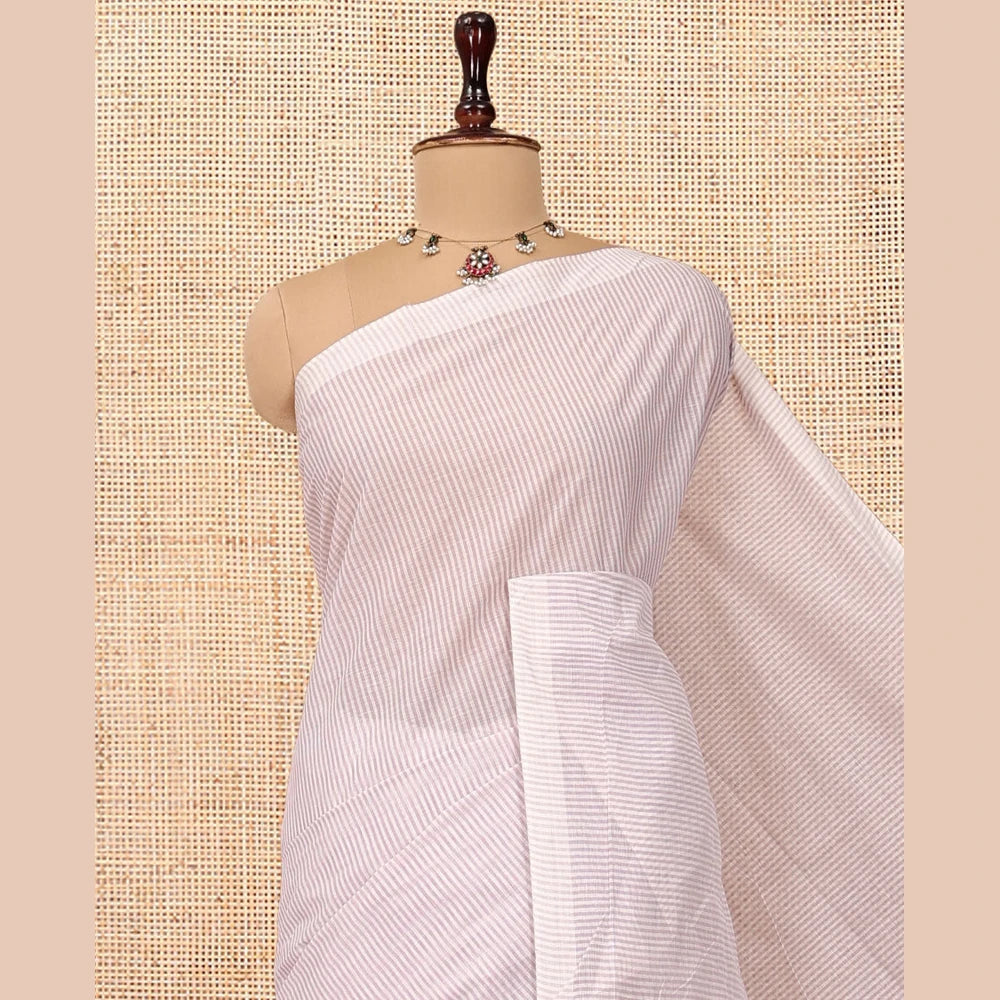 Pothys Borderless Pale Pink Jute Cotton Saree, Sparsely Woven with Stripes, a Self-Pallu Depicts Peacock Designs, and a Matching Blouse