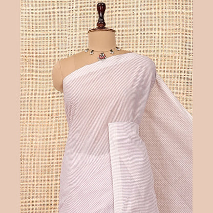 Pothys Borderless Pale Pink Jute Cotton Saree, Sparsely Woven with Stripes, a Self-Pallu Depicts Peacock Designs, and a Matching Blouse