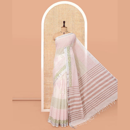 Pothys Off-White Jute Cotton Saree, Adorned with a Geometric Print, a Bavanji Border, Striped Pallu, and a Contrast Blouse