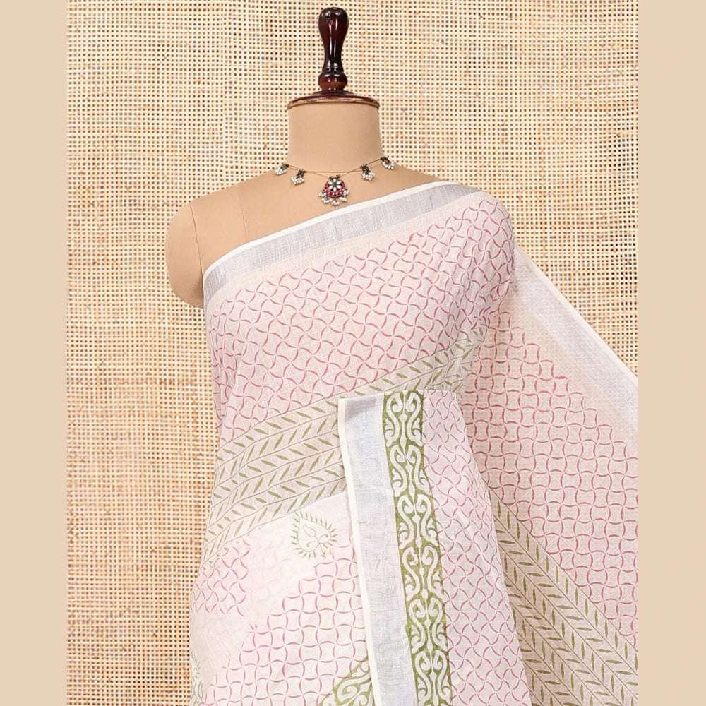 Pothys Off-White Jute Cotton Saree, Adorned with a Geometric Print, a Bavanji Border, Striped Pallu, and a Contrast Blouse