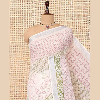Pothys Off-White Jute Cotton Saree, Adorned with a Geometric Print, a Bavanji Border, Striped Pallu, and a Contrast Blouse