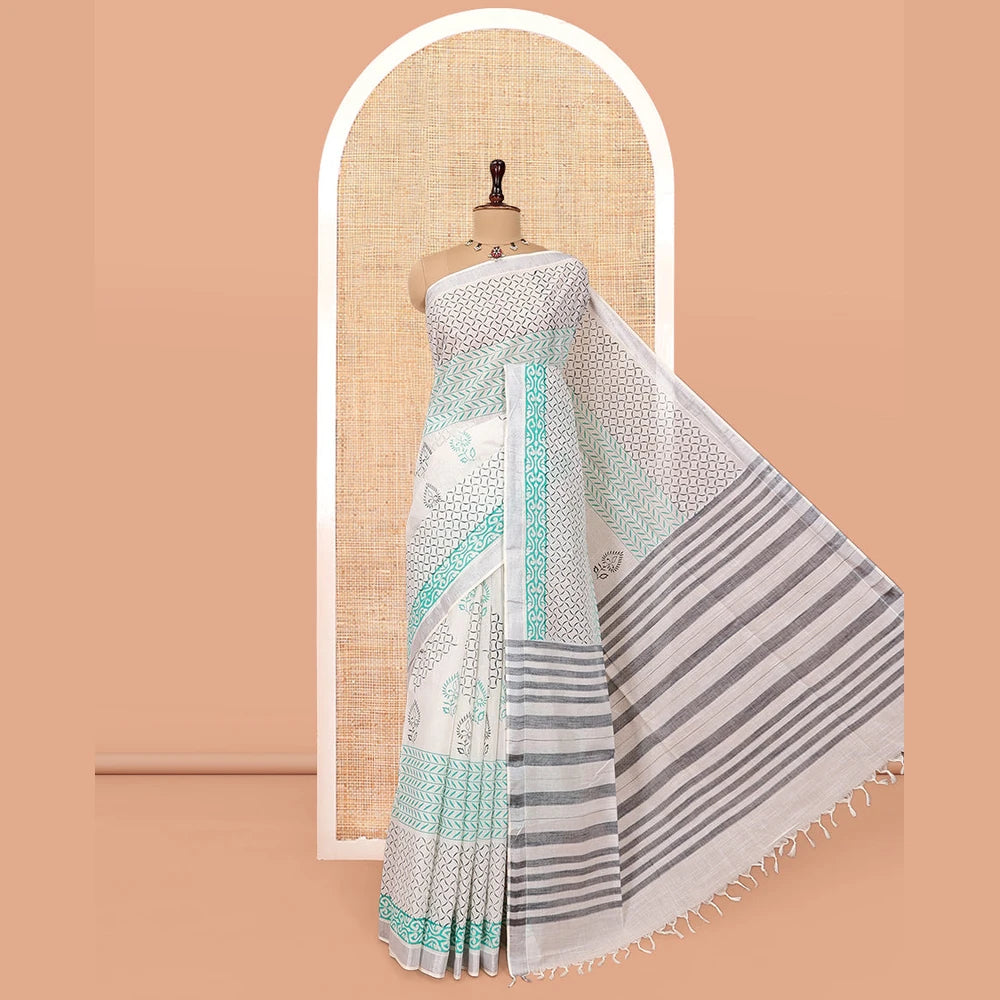 Pothys Off-White Jute Cotton Saree, Elevated with a Geometric Print, a Bavanji Border, Striped Pallu, and a Contrast Blouse
