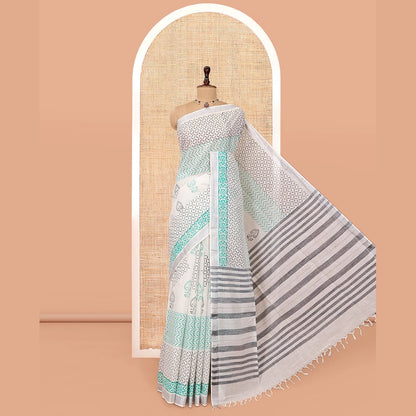Pothys Off-White Jute Cotton Saree, Elevated with a Geometric Print, a Bavanji Border, Striped Pallu, and a Contrast Blouse