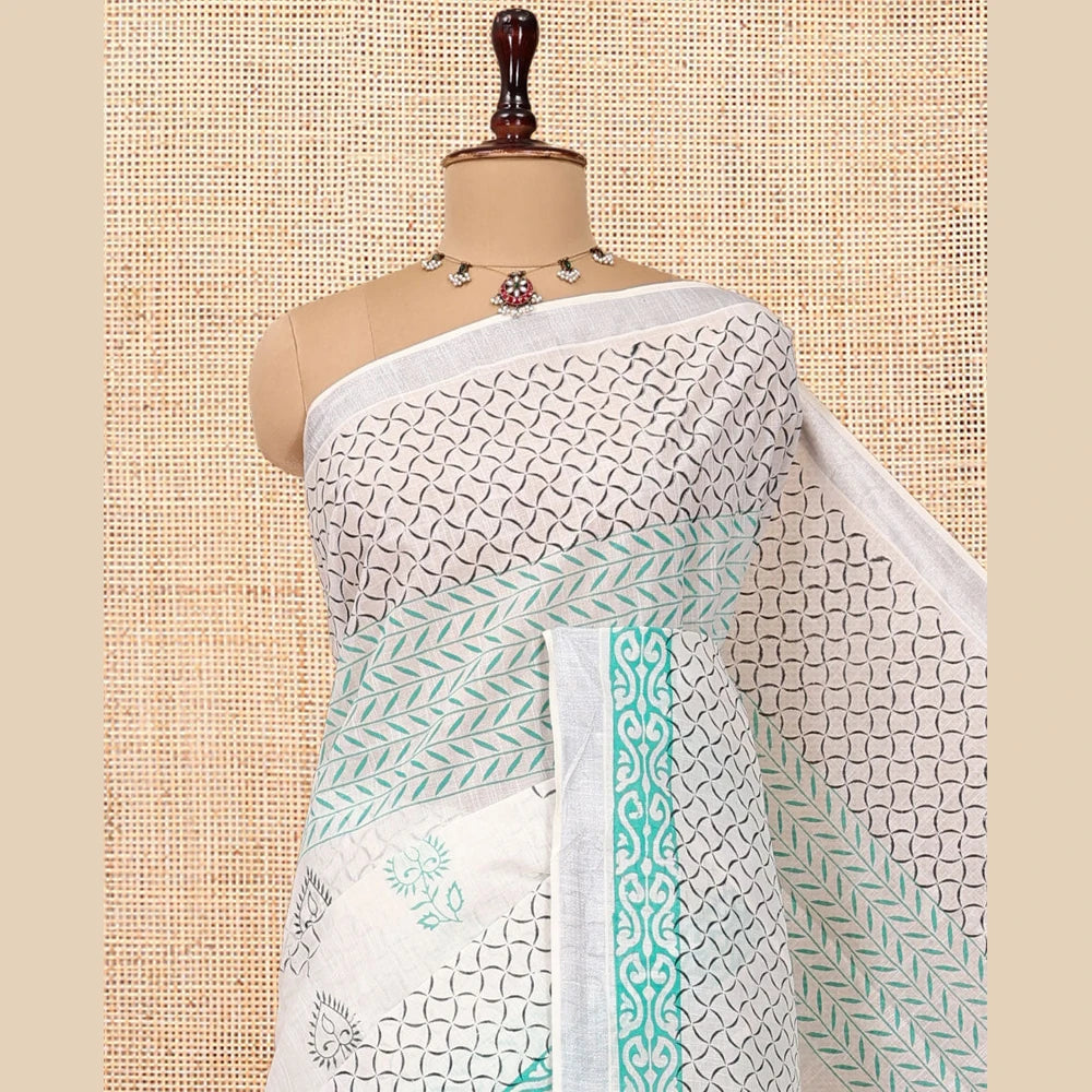 Pothys Off-White Jute Cotton Saree, Elevated with a Geometric Print, a Bavanji Border, Striped Pallu, and a Contrast Blouse