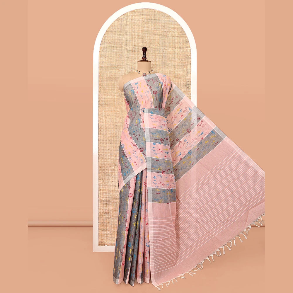 Pothys Borderless Pink-Grey Jute Cotton Saree, Steeped with Tropical Floral Print, a Subtly Striped Pallu, and a Contrast Blouse
