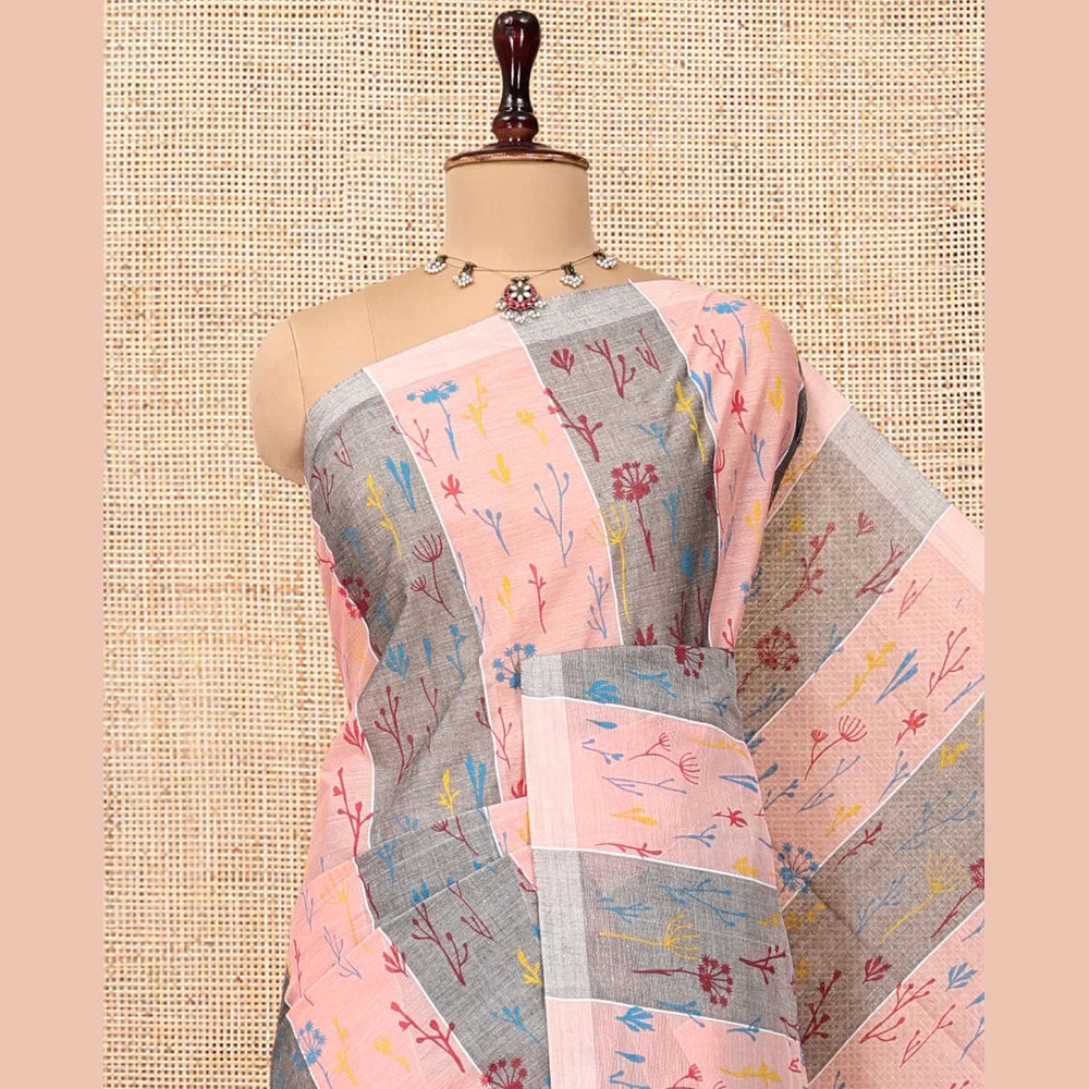 Pothys Borderless Pink-Grey Jute Cotton Saree, Steeped with Tropical Floral Print, a Subtly Striped Pallu, and a Contrast Blouse