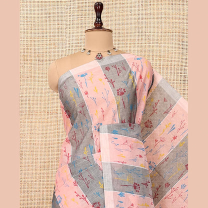 Pothys Borderless Pink-Grey Jute Cotton Saree, Steeped with Tropical Floral Print, a Subtly Striped Pallu, and a Contrast Blouse