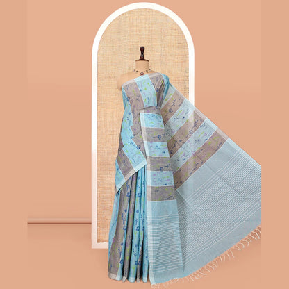 Pothys Borderless Blue-Grey Jute Cotton Saree, Steeped with Tropical Floral Print, a Subtly Striped Pallu, and a Contrast Blouse