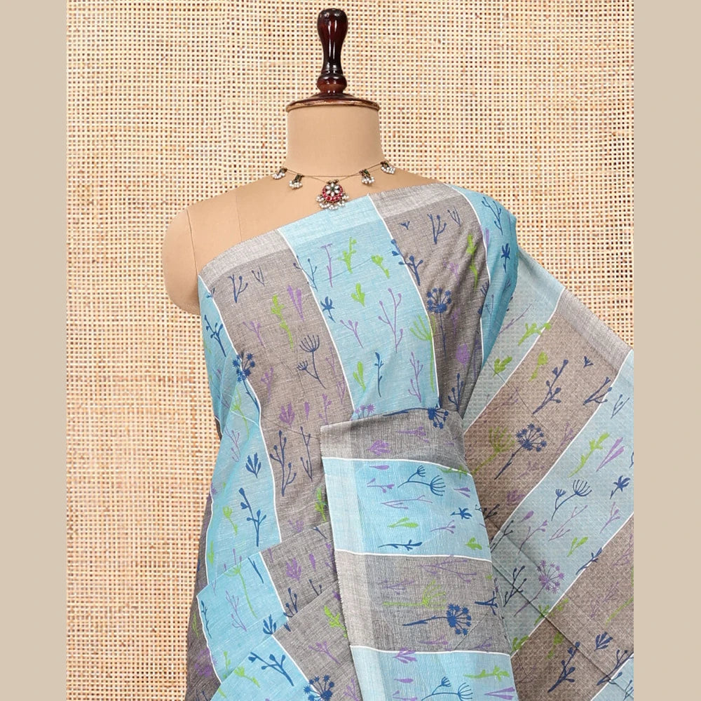Pothys Borderless Blue-Grey Jute Cotton Saree, Steeped with Tropical Floral Print, a Subtly Striped Pallu, and a Contrast Blouse