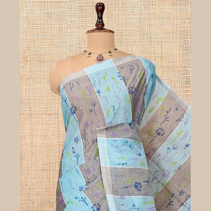 Pothys Borderless Blue-Grey Jute Cotton Saree, Steeped with Tropical Floral Print, a Subtly Striped Pallu, and a Contrast Blouse