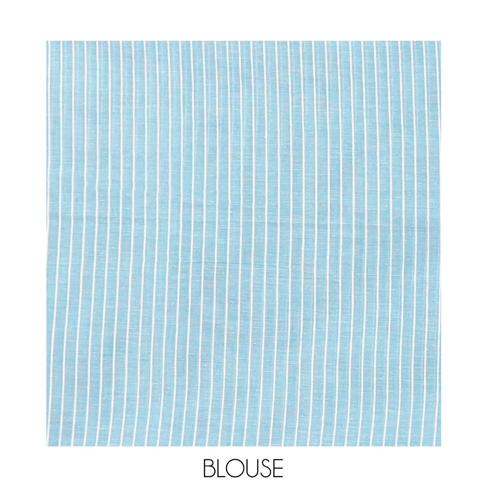 Pothys Borderless Blue-Grey Jute Cotton Saree, Steeped with Tropical Floral Print, a Subtly Striped Pallu, and a Contrast Blouse
