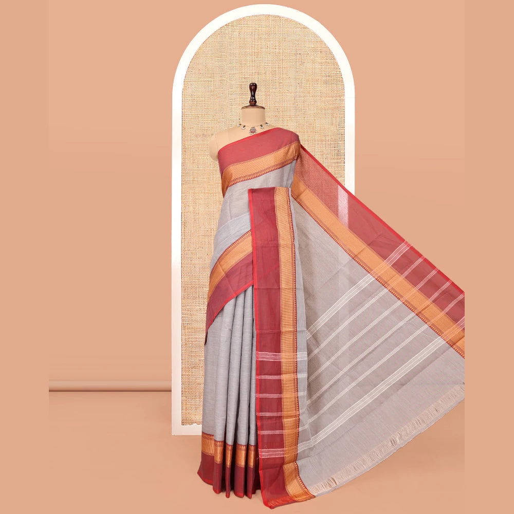 Pothys Grey Plain Chettinad Cotton Saree, Complemented by Contrast Temple Traditional Thread Border, Striped Pallu, and a Matching Blouse