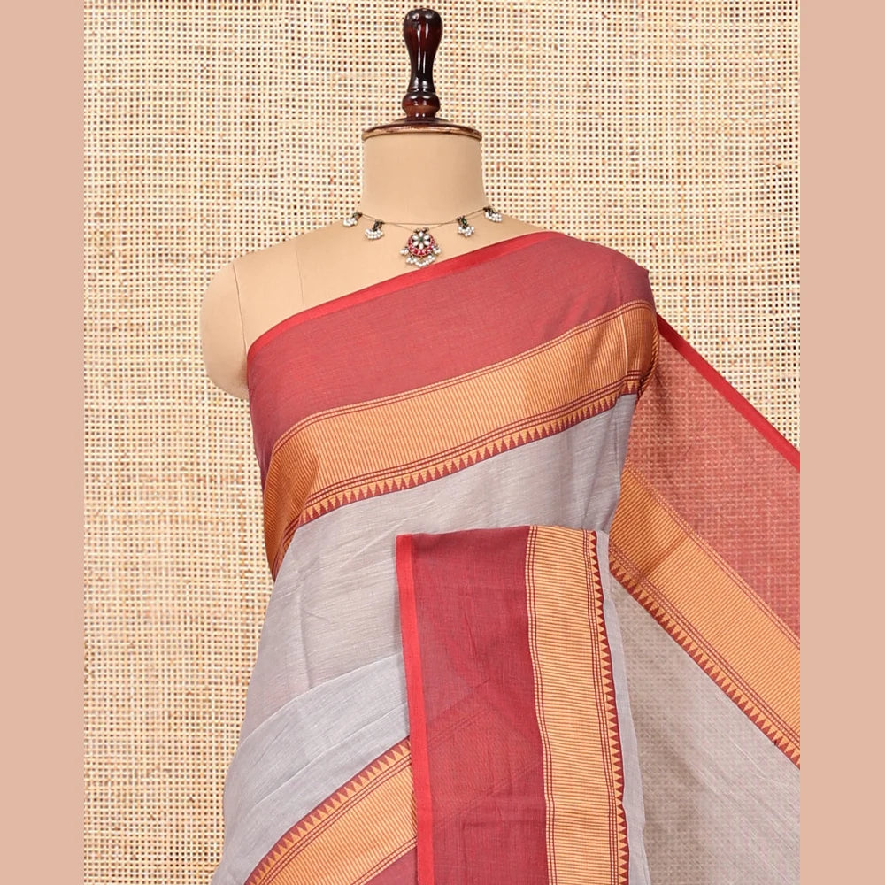 Pothys Grey Plain Chettinad Cotton Saree, Complemented by Contrast Temple Traditional Thread Border, Striped Pallu, and a Matching Blouse