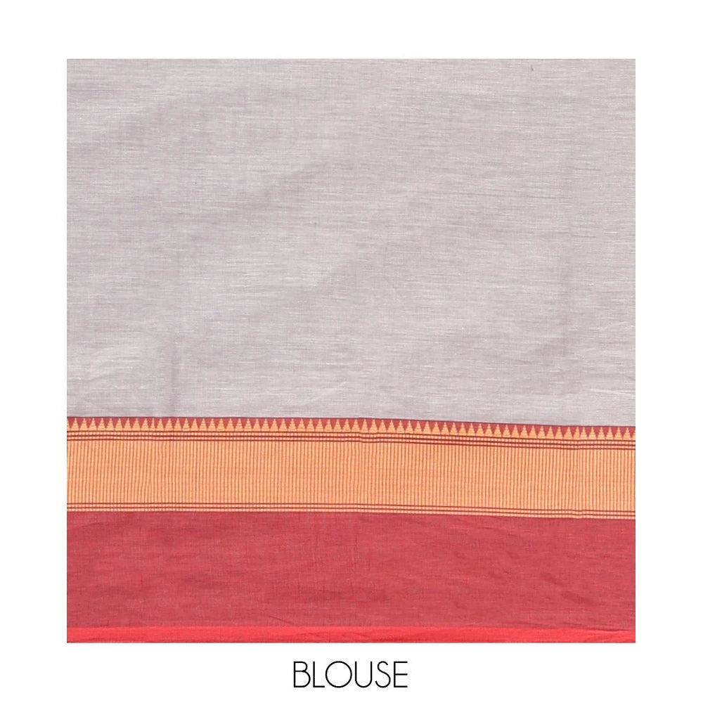 Pothys Grey Plain Chettinad Cotton Saree, Complemented by Contrast Temple Traditional Thread Border, Striped Pallu, and a Matching Blouse