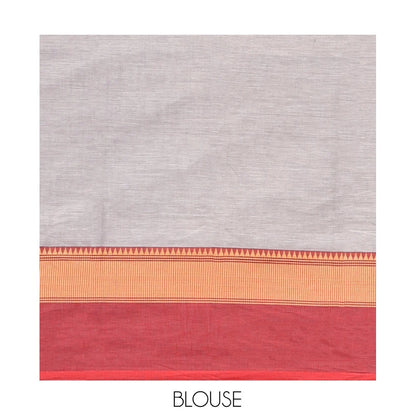 Pothys Grey Plain Chettinad Cotton Saree, Complemented by Contrast Temple Traditional Thread Border, Striped Pallu, and a Matching Blouse