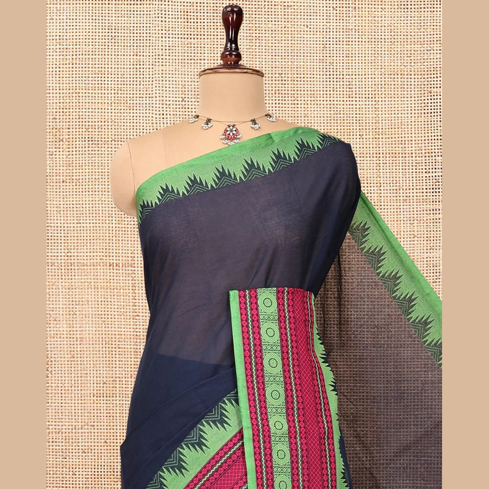 Pothys Navy Blue Plain Chettinad Cotton Saree, Complemented by Contrast Temple Traditional Motifs Thread-Woven Border, Striped Pallu, and a Matching Blouse