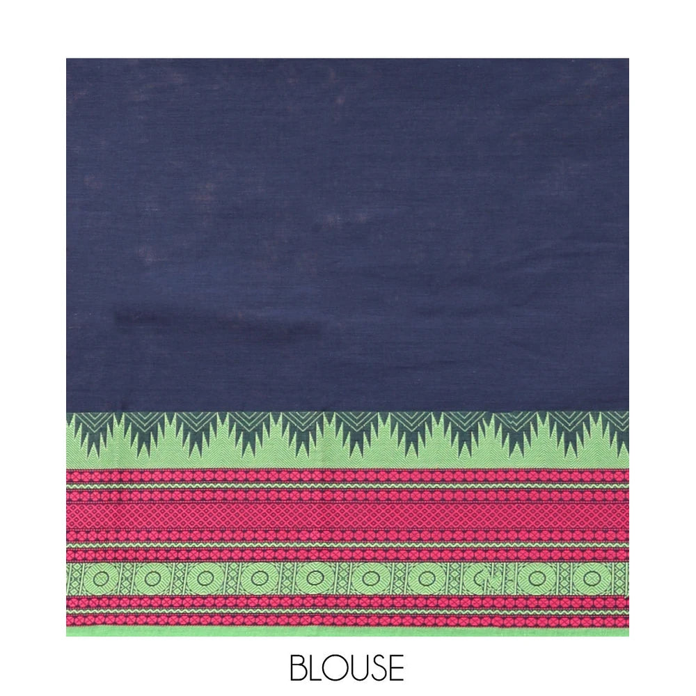 Pothys Navy Blue Plain Chettinad Cotton Saree, Complemented by Contrast Temple Traditional Motifs Thread-Woven Border, Striped Pallu, and a Matching Blouse