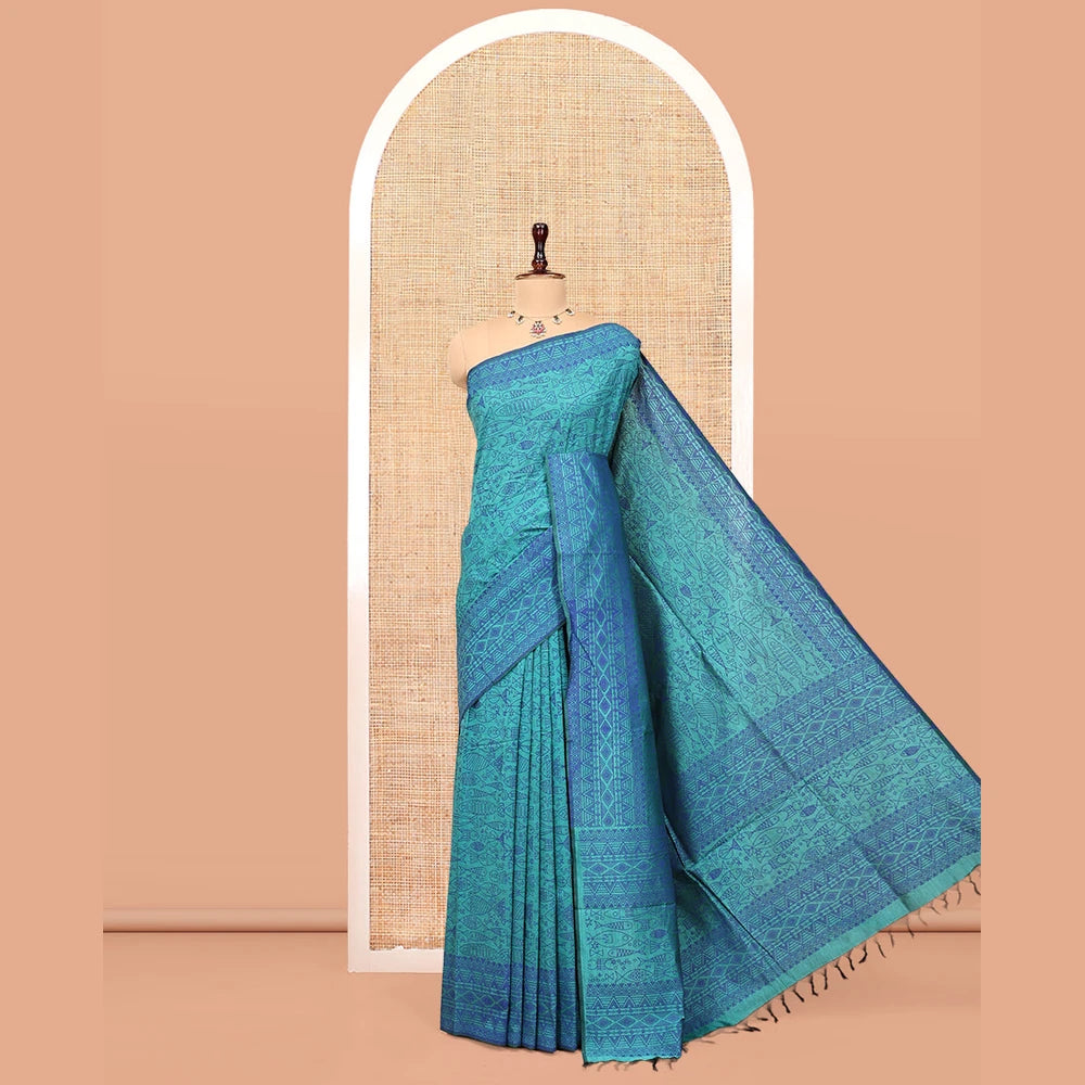 Pothys Blue Poly Cotton Saree, Steeped with Fishes, Temple-Printed Border, Printed Pallu, and a Matching Blouse