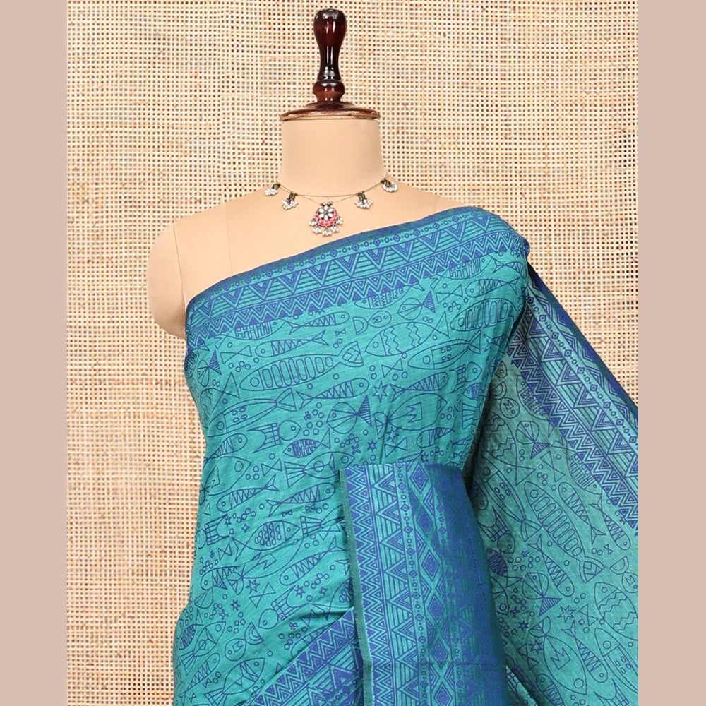 Pothys Blue Poly Cotton Saree, Steeped with Fishes, Temple-Printed Border, Printed Pallu, and a Matching Blouse
