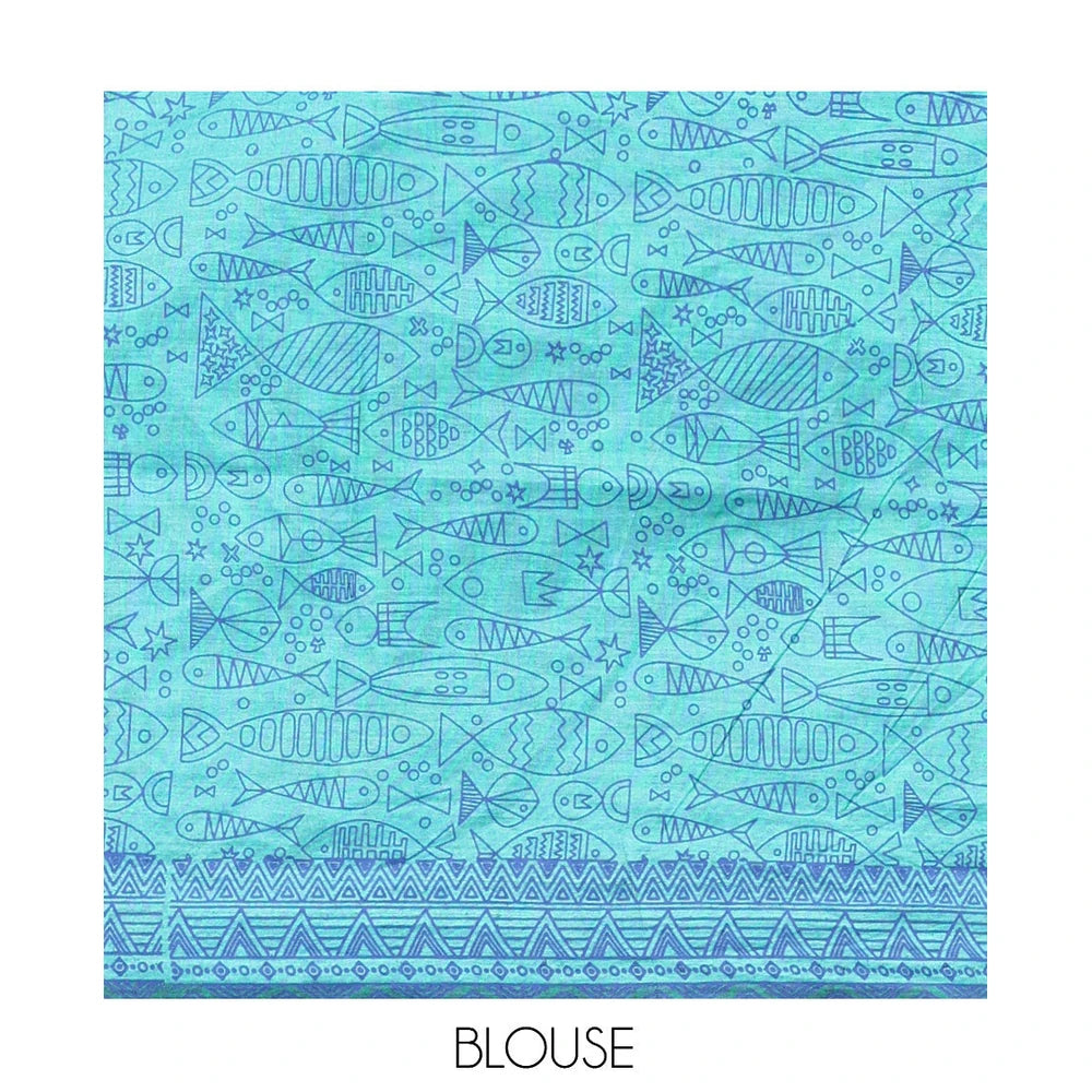 Pothys Blue Poly Cotton Saree, Steeped with Fishes, Temple-Printed Border, Printed Pallu, and a Matching Blouse