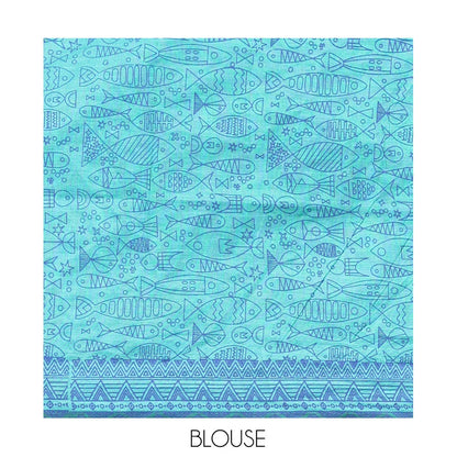 Pothys Blue Poly Cotton Saree, Steeped with Fishes, Temple-Printed Border, Printed Pallu, and a Matching Blouse