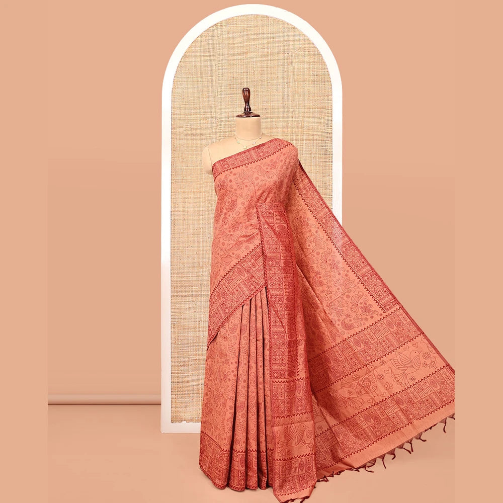 Pothys Peach Poly Cotton Saree, Steeped with Birds, a Subtle Printed Border, Printed Pallu, and a Matching Blouse