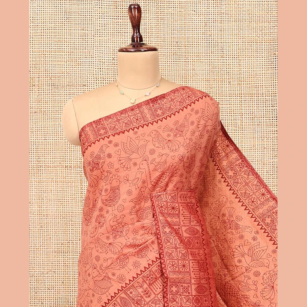 Pothys Peach Poly Cotton Saree, Steeped with Birds, a Subtle Printed Border, Printed Pallu, and a Matching Blouse