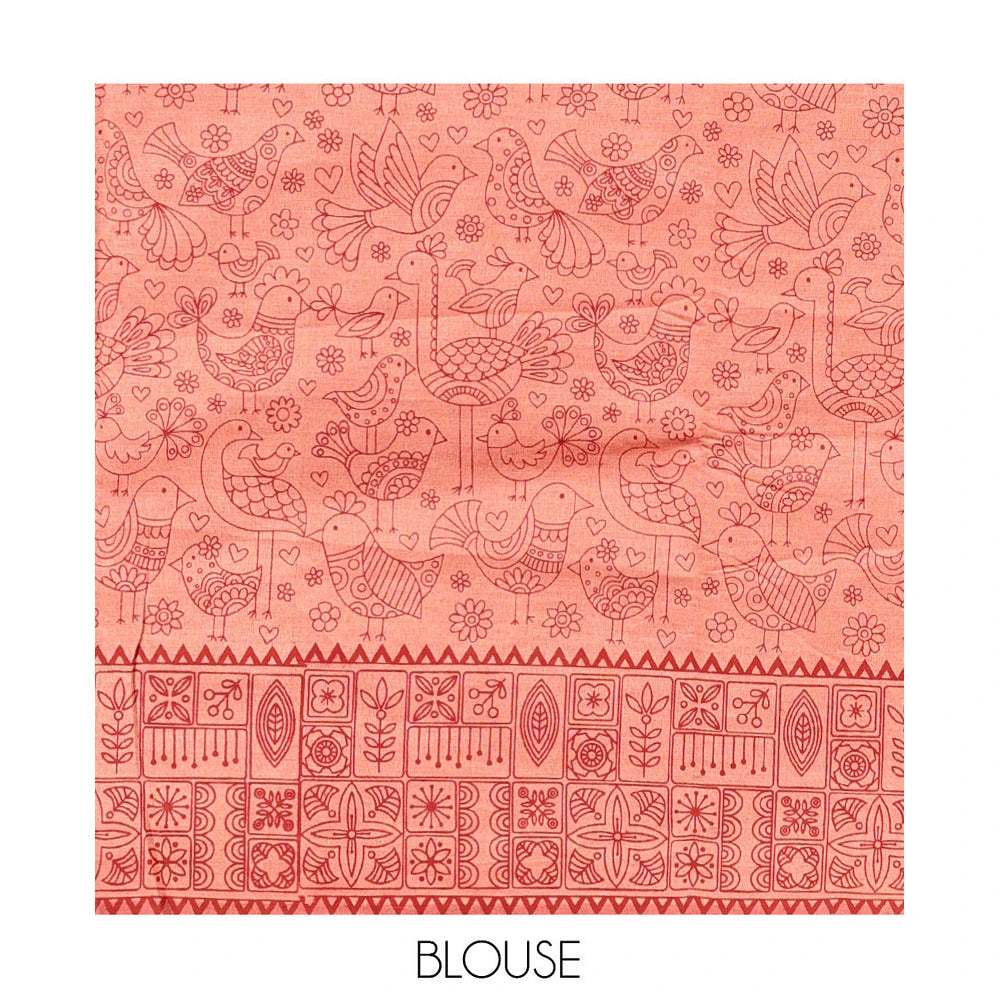 Pothys Peach Poly Cotton Saree, Steeped with Birds, a Subtle Printed Border, Printed Pallu, and a Matching Blouse