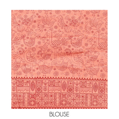 Pothys Peach Poly Cotton Saree, Steeped with Birds, a Subtle Printed Border, Printed Pallu, and a Matching Blouse