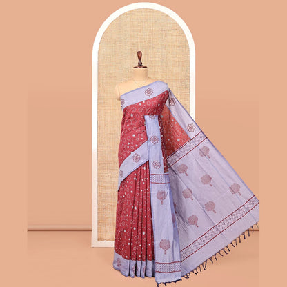 Pothys Red Poly Cotton Saree, Steeped with Star Motifs, Complemented by a Contrast Star Motifs Border, Printed Pallu, and a Contrast Blouse