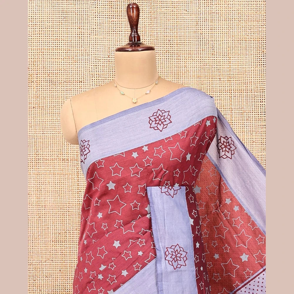 Pothys Red Poly Cotton Saree, Steeped with Star Motifs, Complemented by a Contrast Star Motifs Border, Printed Pallu, and a Contrast Blouse