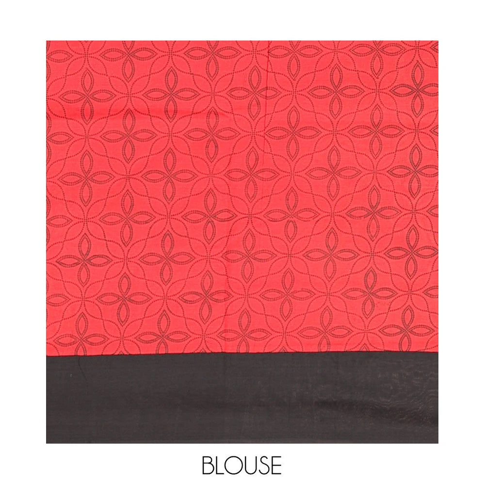 Pothys Black Plain Poly Cotton Saree, Complemented by a Contrast Jaal-Printed Border, Pallu, and a Contrast Blouse