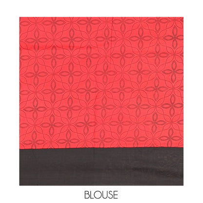 Pothys Black Plain Poly Cotton Saree, Complemented by a Contrast Jaal-Printed Border, Pallu, and a Contrast Blouse