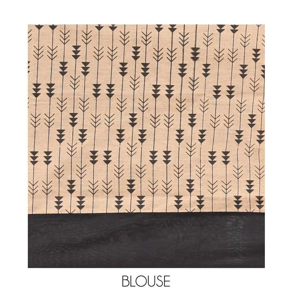 Pothys Black Plain Poly Cotton Saree, a Contrast Arrow-Stripes Printed Border, Arrow-Stripes Printed Pallu, and a Contrast Blouse