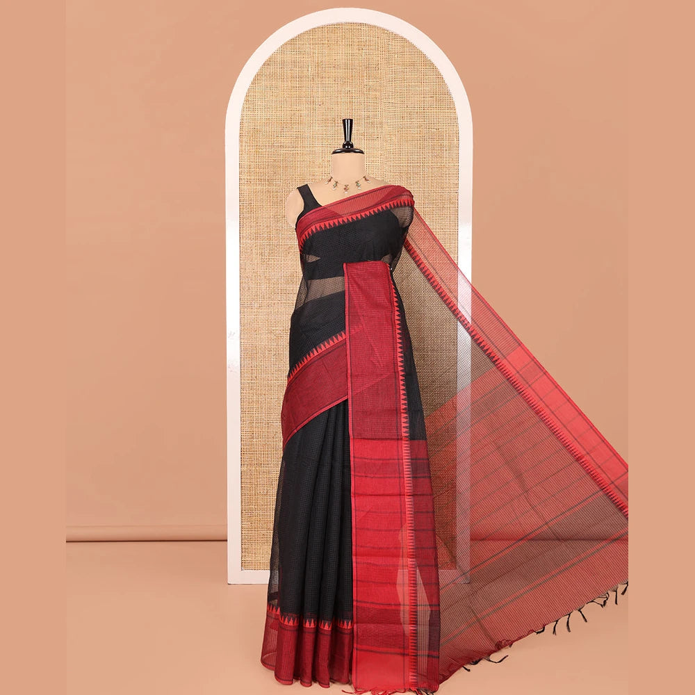 Pothys Black Kota Chex Saree with Sparse Checks, Complemented by a Contrast Temple Border, Striped Pallu, and a Contrast Blouse