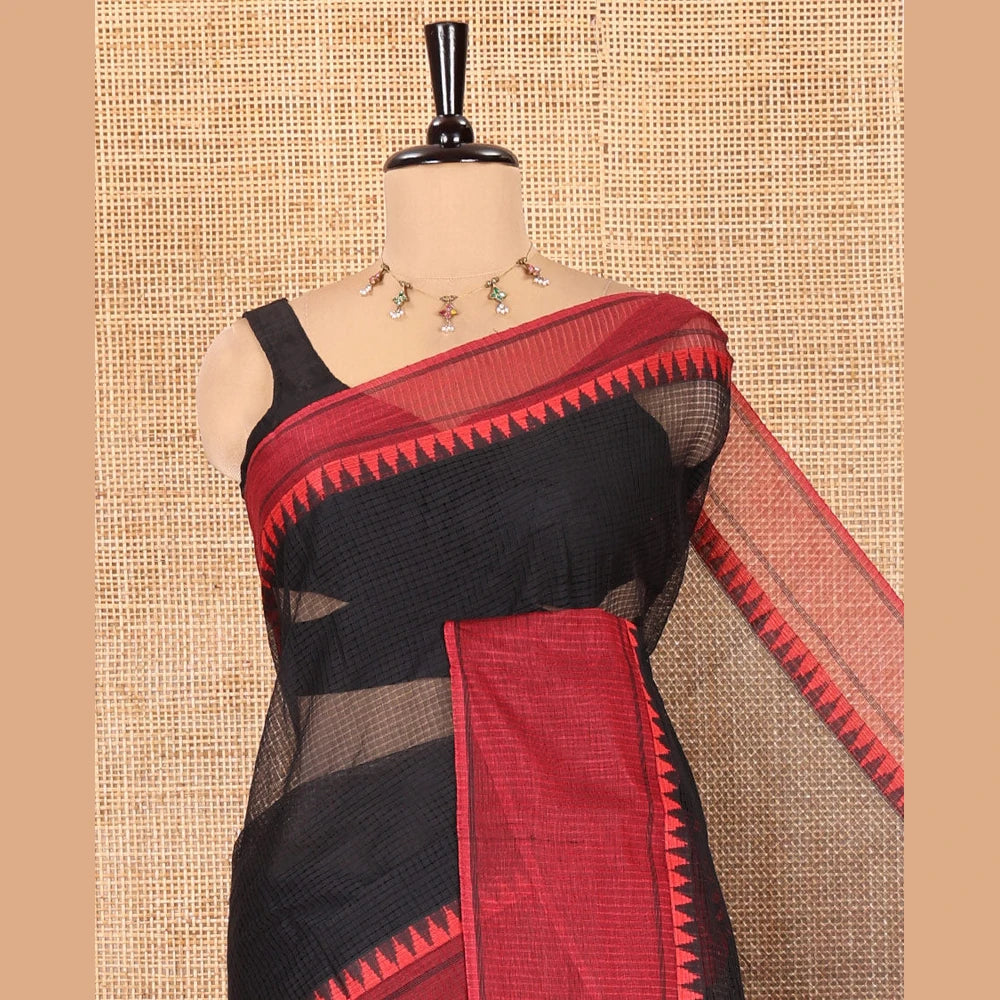 Pothys Black Kota Chex Saree with Sparse Checks, Complemented by a Contrast Temple Border, Striped Pallu, and a Contrast Blouse
