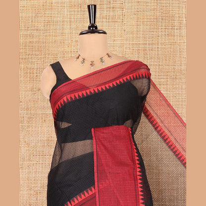 Pothys Black Kota Chex Saree with Sparse Checks, Complemented by a Contrast Temple Border, Striped Pallu, and a Contrast Blouse