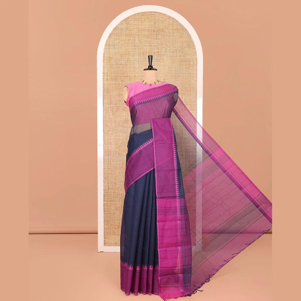 Pothys Navy Blue Blue Kota Chex Saree with Sparse Checks, Complemented by a Contrast Temple Border, Striped Pallu, and a Contrast Blouse