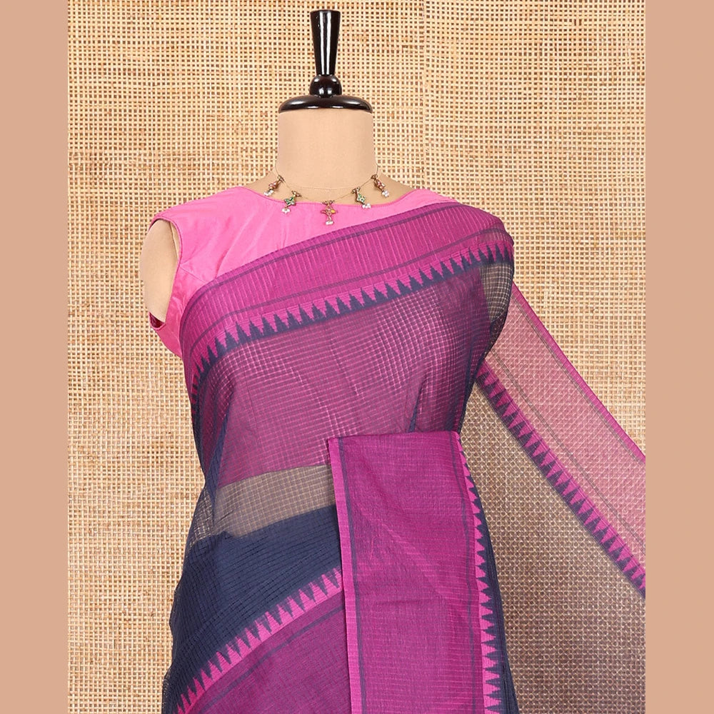 Pothys Navy Blue Blue Kota Chex Saree with Sparse Checks, Complemented by a Contrast Temple Border, Striped Pallu, and a Contrast Blouse