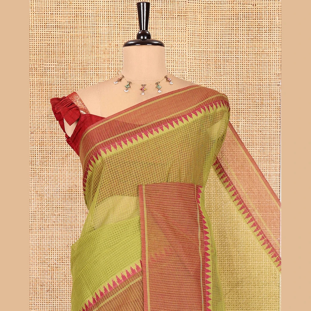 Pothys Green Kota Chex Saree with Sparse Checks, Complemented by a Contrast Temple Border, Striped Pallu, and a Contrast Blouse