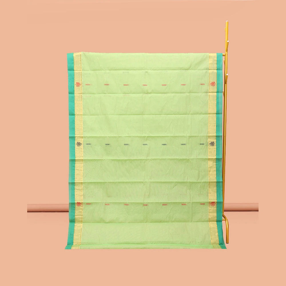 Pothys Green Kanchi Cotton Saree, Adorned with Buttas, Complemented by a Contrast Border, Intricate Pallu, and a Matching Blouse