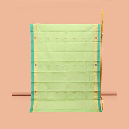 Pothys Green Kanchi Cotton Saree, Adorned with Buttas, Complemented by a Contrast Border, Intricate Pallu, and a Matching Blouse