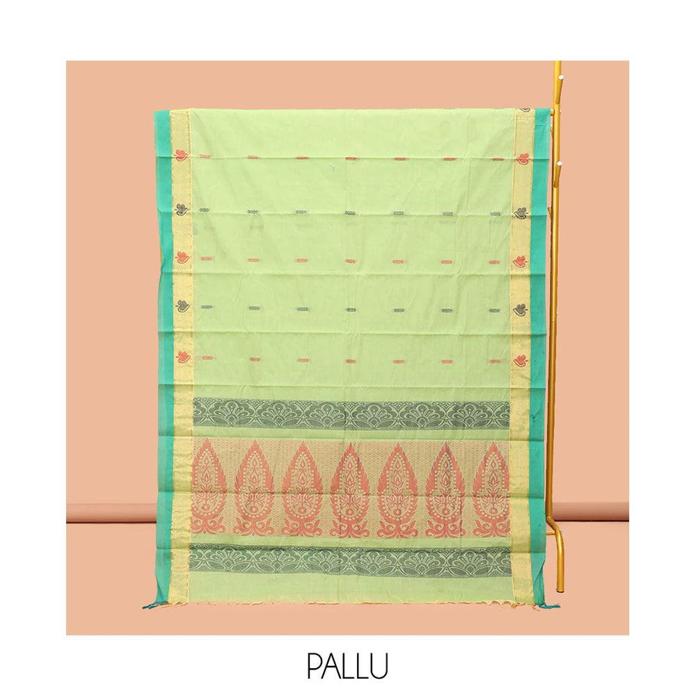 Pothys Green Kanchi Cotton Saree, Adorned with Buttas, Complemented by a Contrast Border, Intricate Pallu, and a Matching Blouse