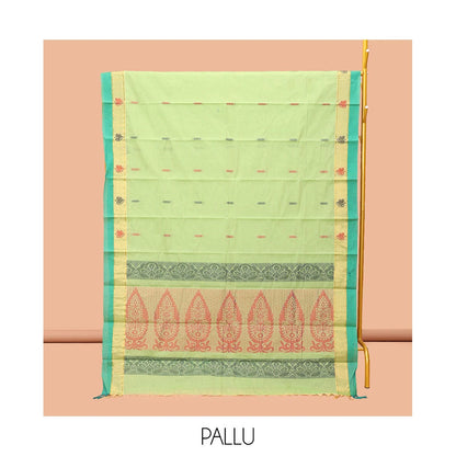 Pothys Green Kanchi Cotton Saree, Adorned with Buttas, Complemented by a Contrast Border, Intricate Pallu, and a Matching Blouse