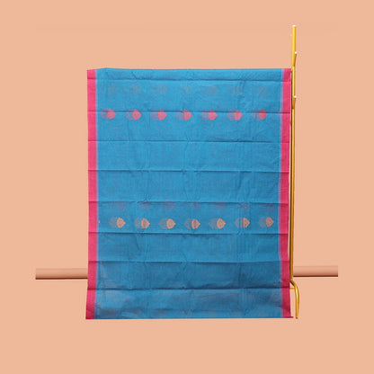 Pothys Blue Kanchi Cotton Saree, Decorated with Buttas, Complemented by a Contrast Border, Intricate Pallu, and a Matching Blouse