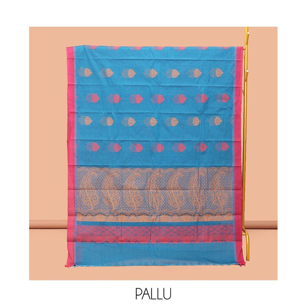 Pothys Blue Kanchi Cotton Saree, Decorated with Buttas, Complemented by a Contrast Border, Intricate Pallu, and a Matching Blouse