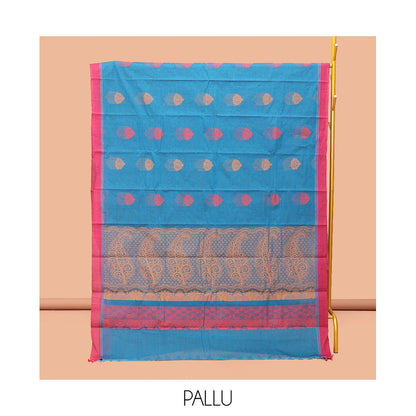 Pothys Blue Kanchi Cotton Saree, Decorated with Buttas, Complemented by a Contrast Border, Intricate Pallu, and a Matching Blouse