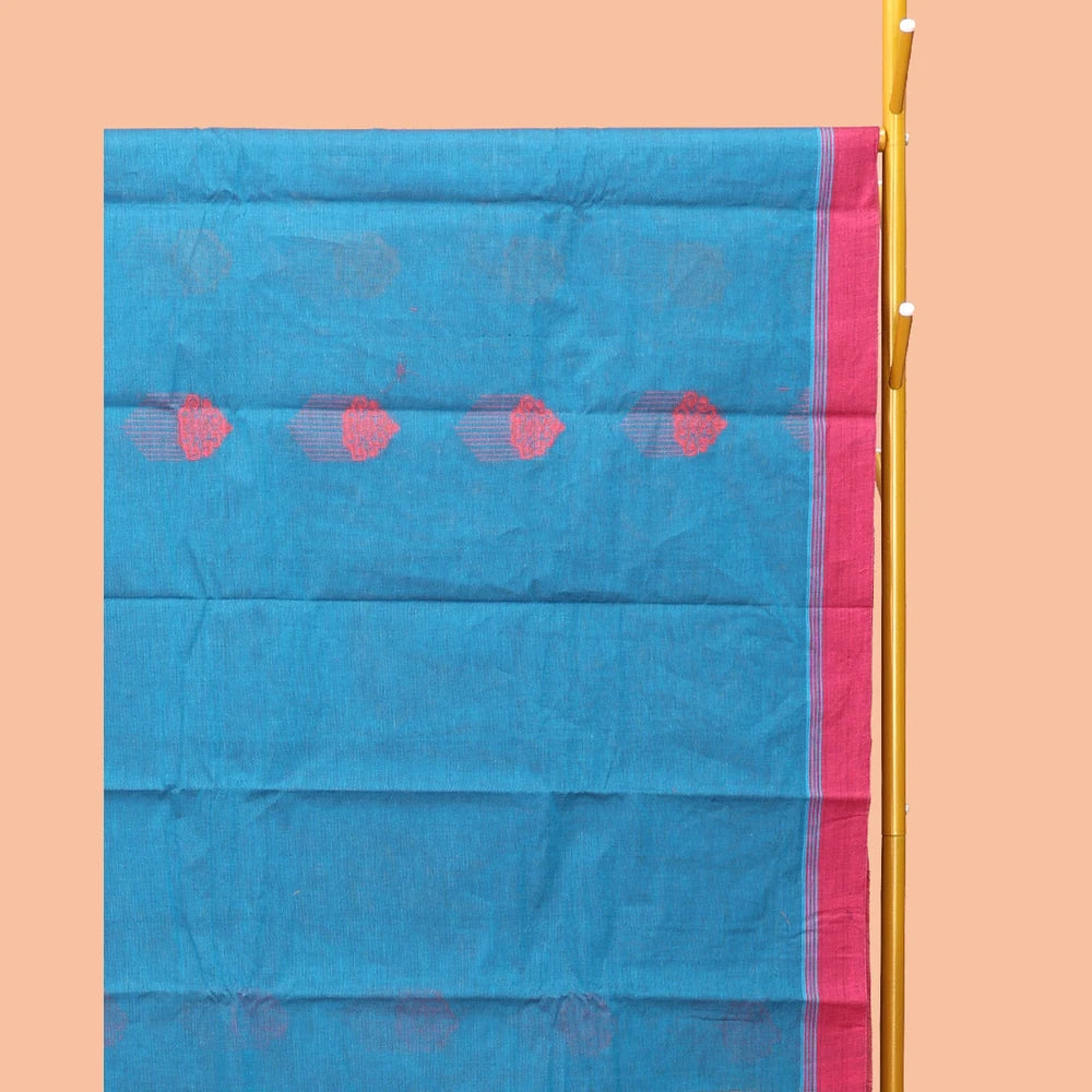 Pothys Blue Kanchi Cotton Saree, Decorated with Buttas, Complemented by a Contrast Border, Intricate Pallu, and a Matching Blouse