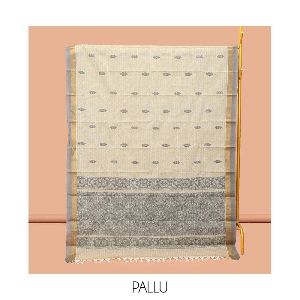 Pothys Off-White Kanchi Cotton Saree, Accentuated with Buttas, Complemented by a Contrast Border, Ogee Patterned Pallu, and a Matching Blouse